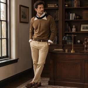 Sabre English Sweater Mens M Brown Lambswool Colorblock Crewneck Preppy Knit